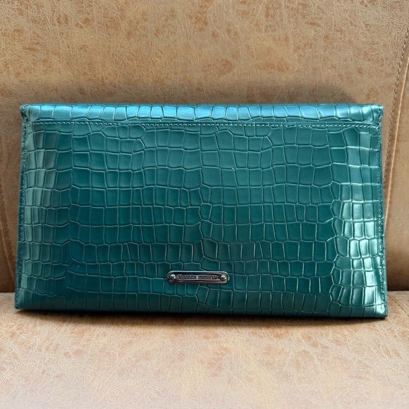 REBECCA MINKOFF LOU CROC EMBOSSED CLUTCH BOTTLE GREEN W GUNMETAL HARDWARE NWT - Picture 4 of 12